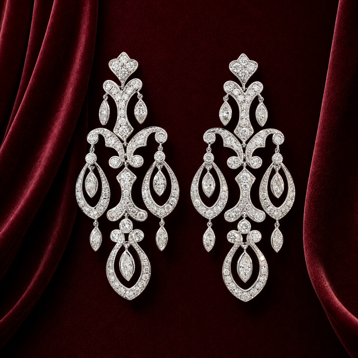 EEB2083 ornate scroll teardrop diamond earrings on deep burgundy velvet