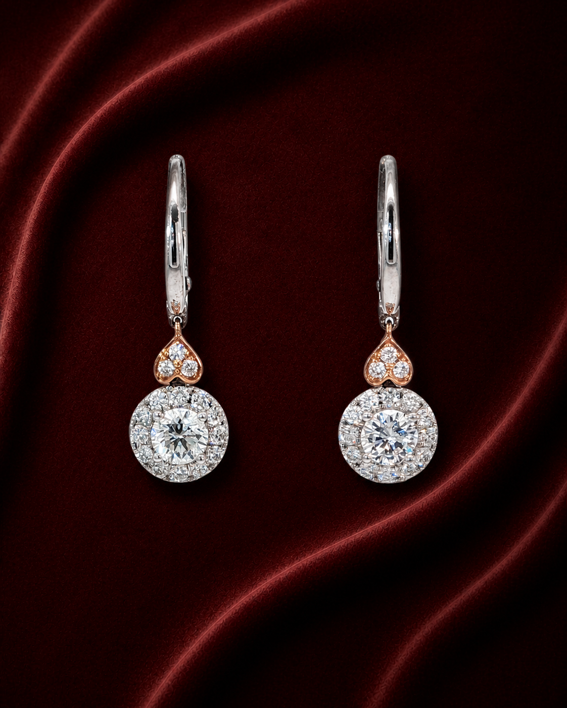 EES3221 two-tone halo drop earrings on deep burgundy velvet