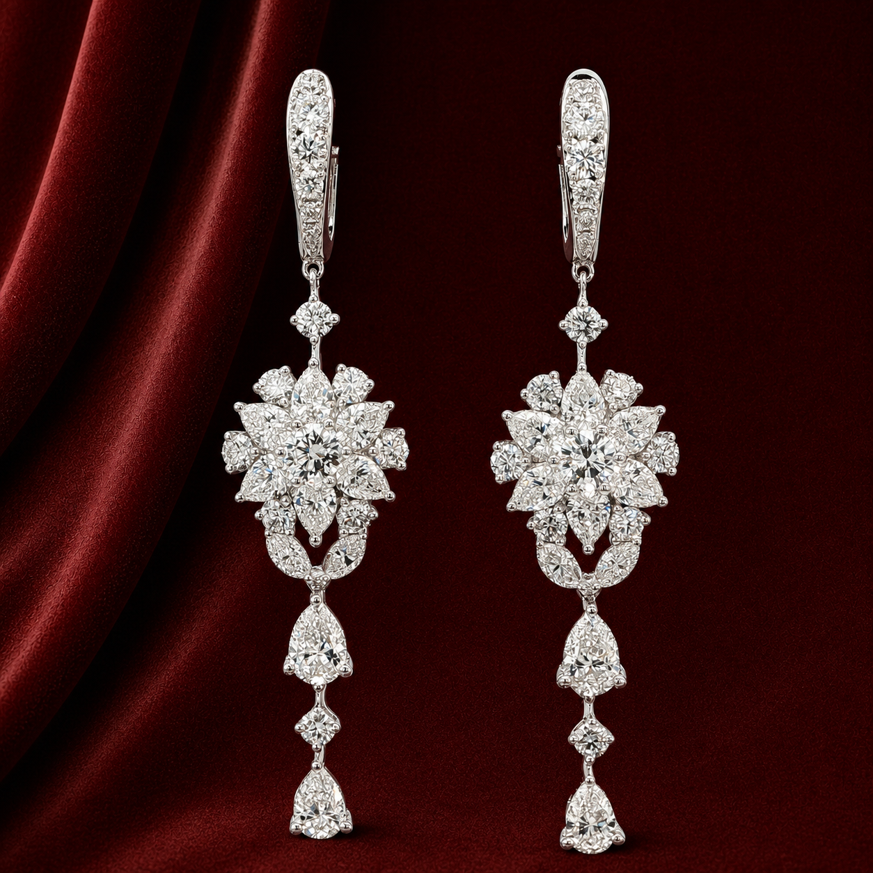 EES3983 floral cascade diamond drop earrings on deep burgundy velvet