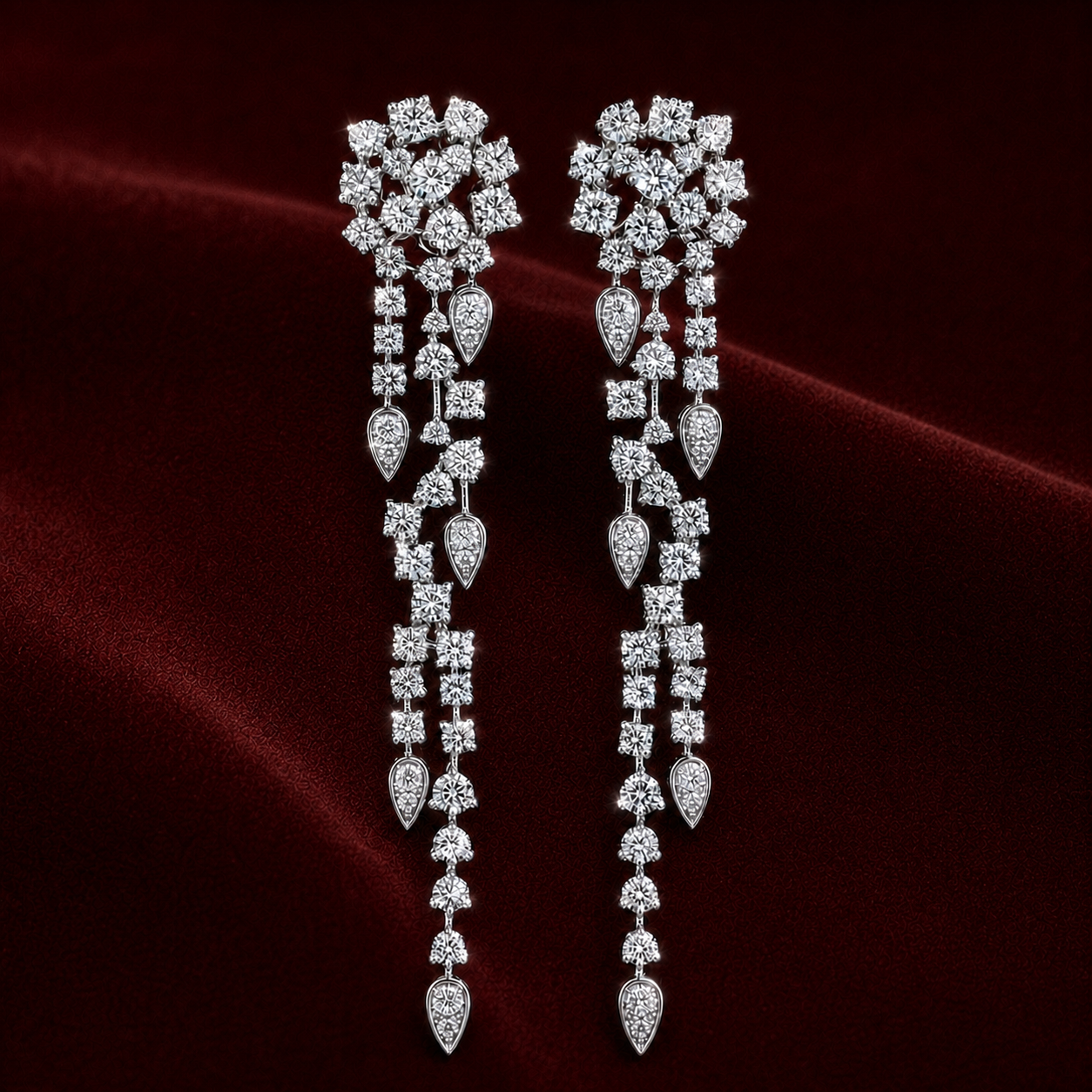 Campaign image featuring EES4006 cascade diamond earrings on naturally draped deep burgundy velvet