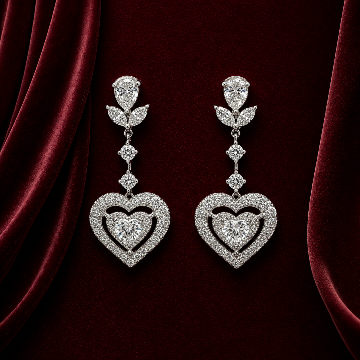 EES4103 double heart and leaf diamond drop earrings on deep burgundy velvet