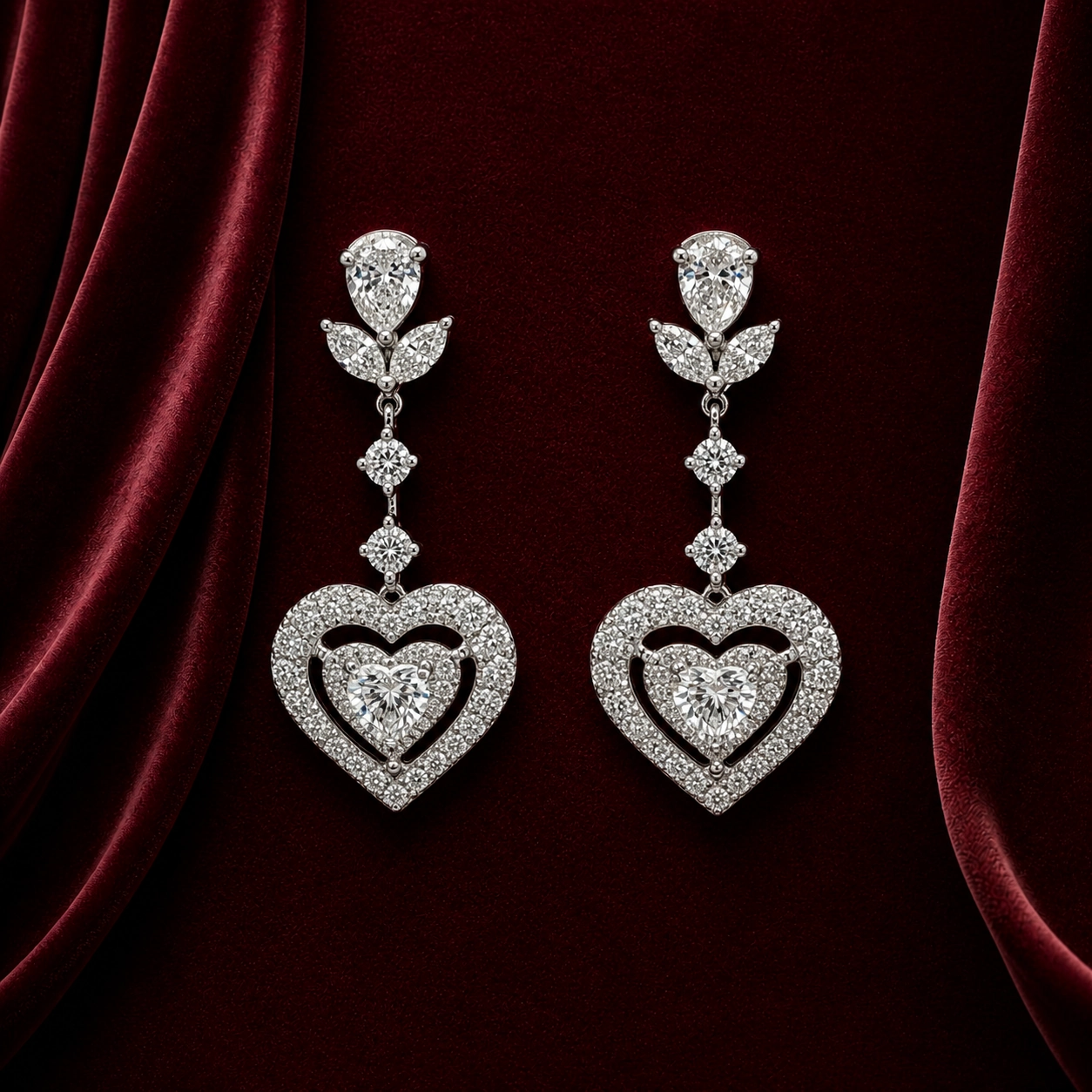 EES4103 double heart and leaf diamond drop earrings on deep burgundy velvet