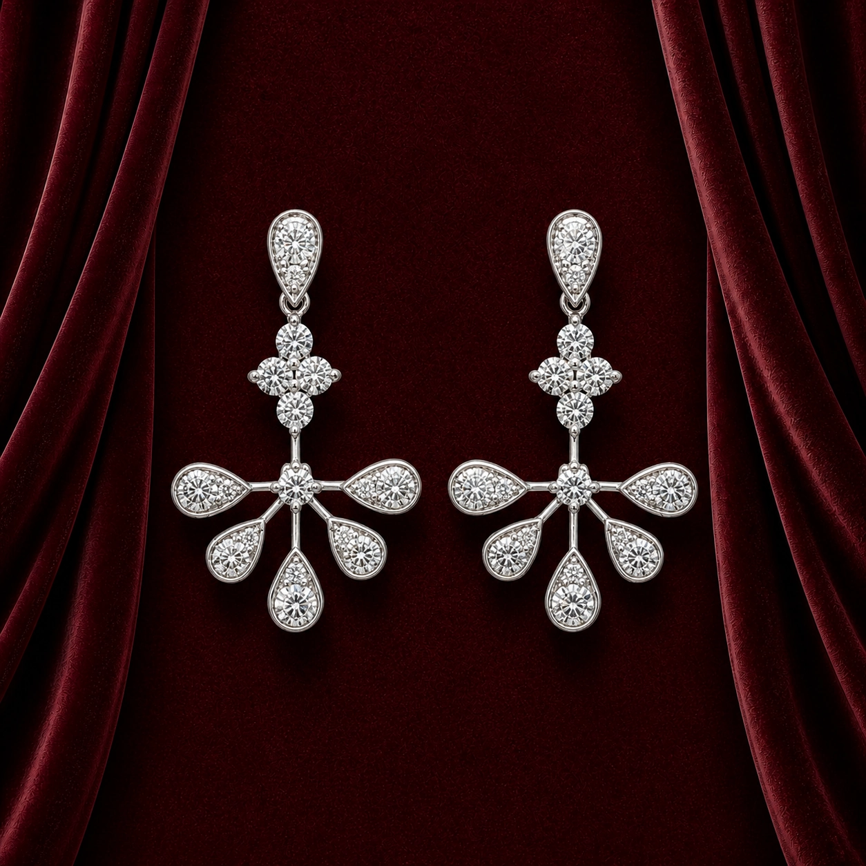 EES4147 floral pear drop diamond earrings on deep burgundy velvet
