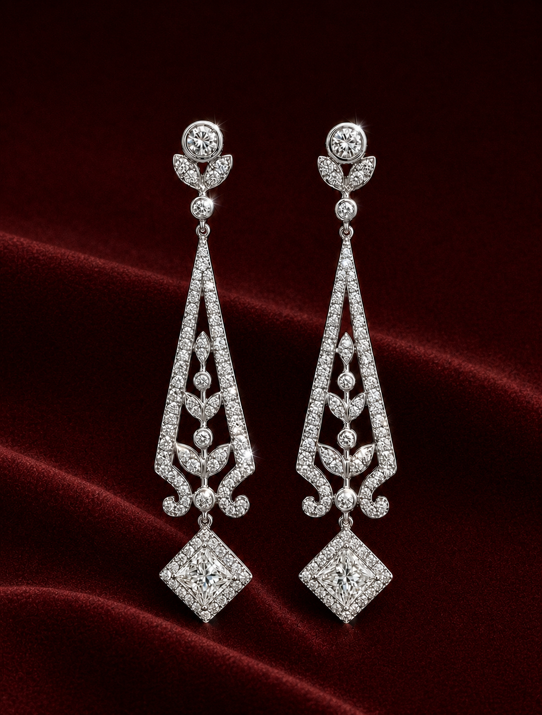 Campaign image featuring EES4201 art deco drop earrings on naturally draped deep burgundy velvet