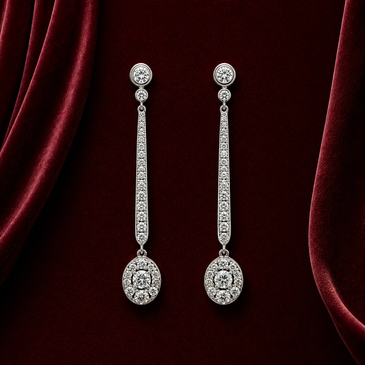 EES5752 tapered bar and oval diamond drop earrings on deep burgundy velvet