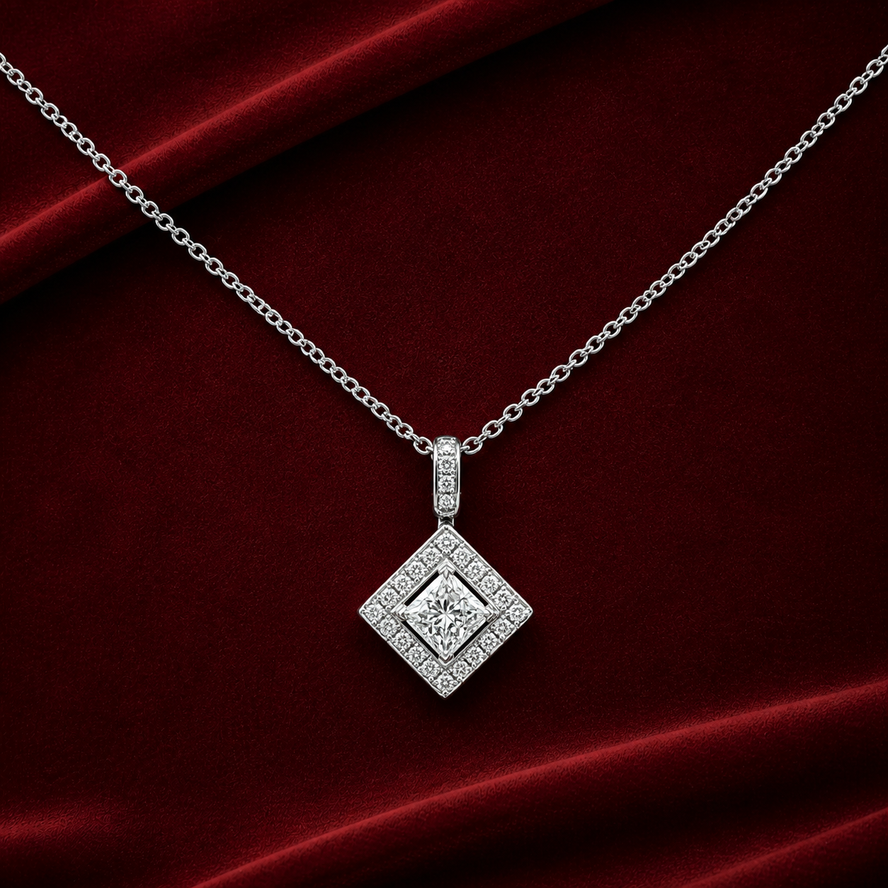ENC1966 geometric square halo pendant necklace on deep burgundy velvet