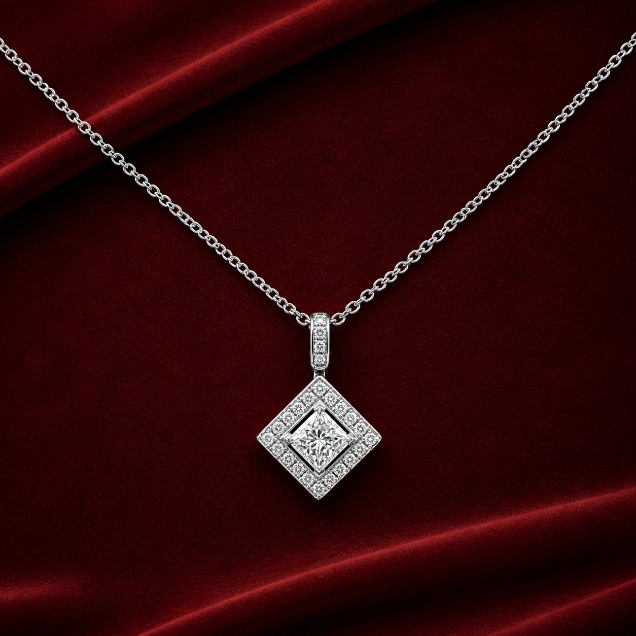 ENC1966 geometric square halo pendant necklace on deep burgundy velvet