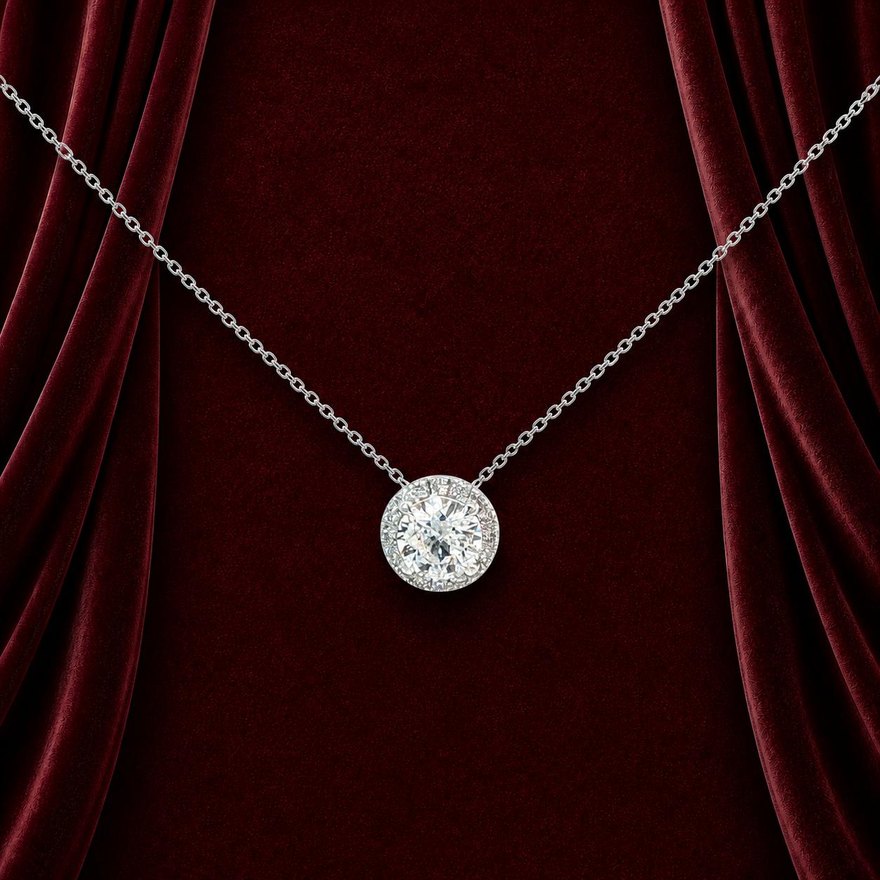ENK1381 round halo solitaire pendant necklace on deep burgundy velvet