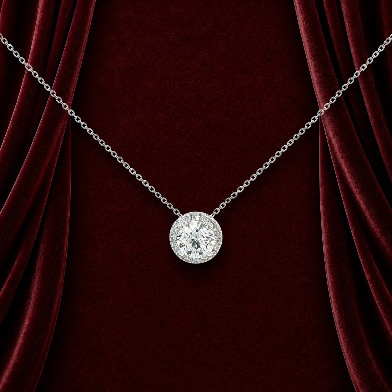 ENK1381 round halo solitaire pendant necklace on deep burgundy velvet