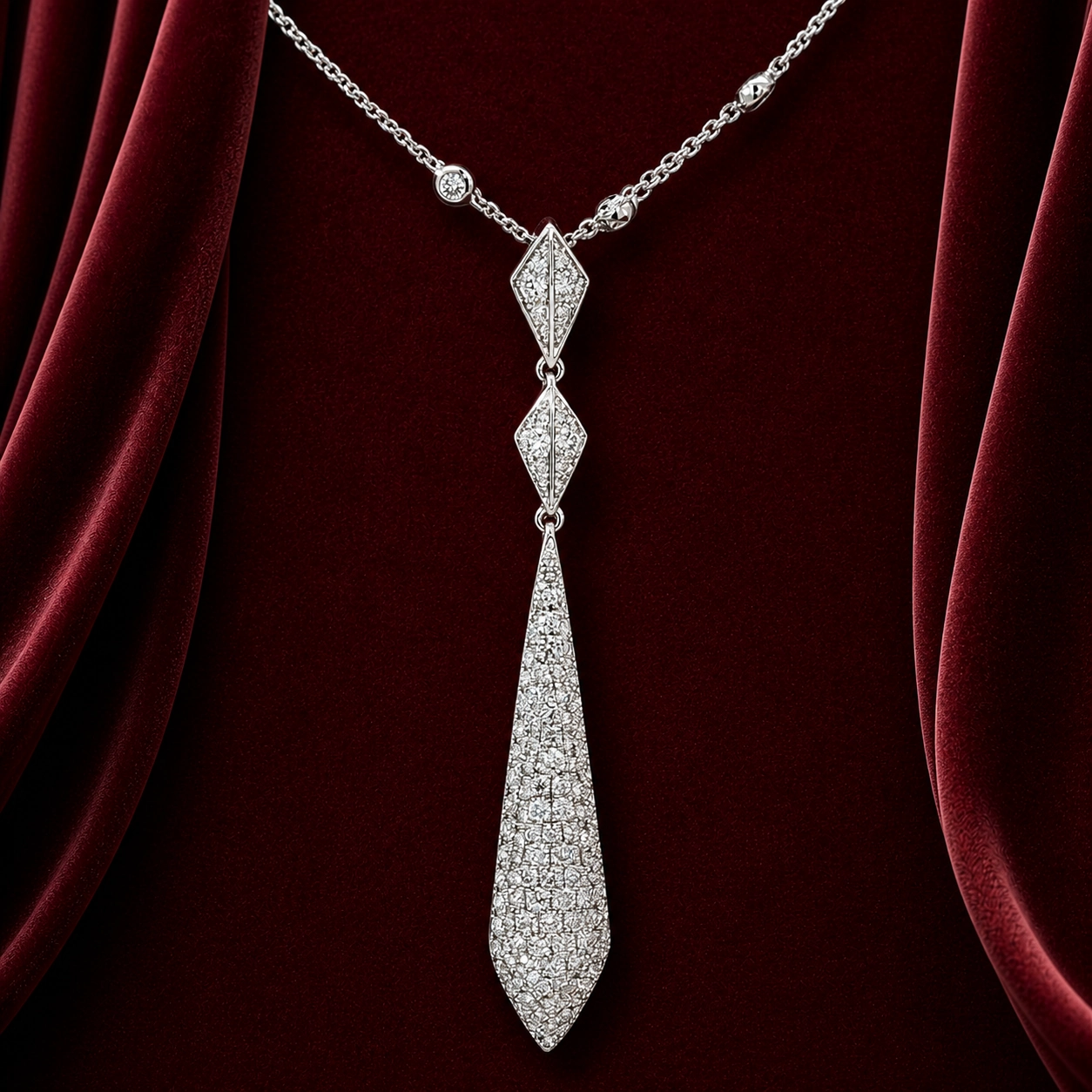 ENK2361 geometric kite drop necklace on deep burgundy velvet