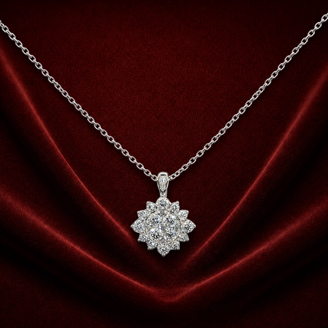 ENS2122 floral halo diamond pendant necklace on deep burgundy velvet
