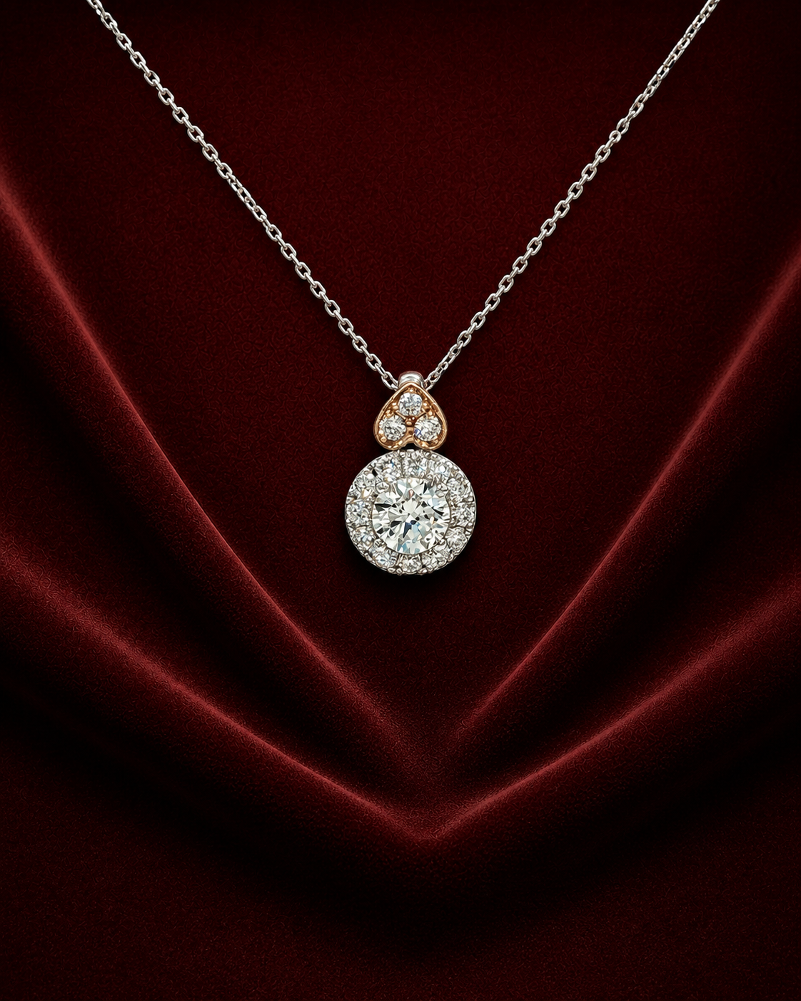 ENS3210 two-tone heart halo pendant necklace on deep burgundy velvet