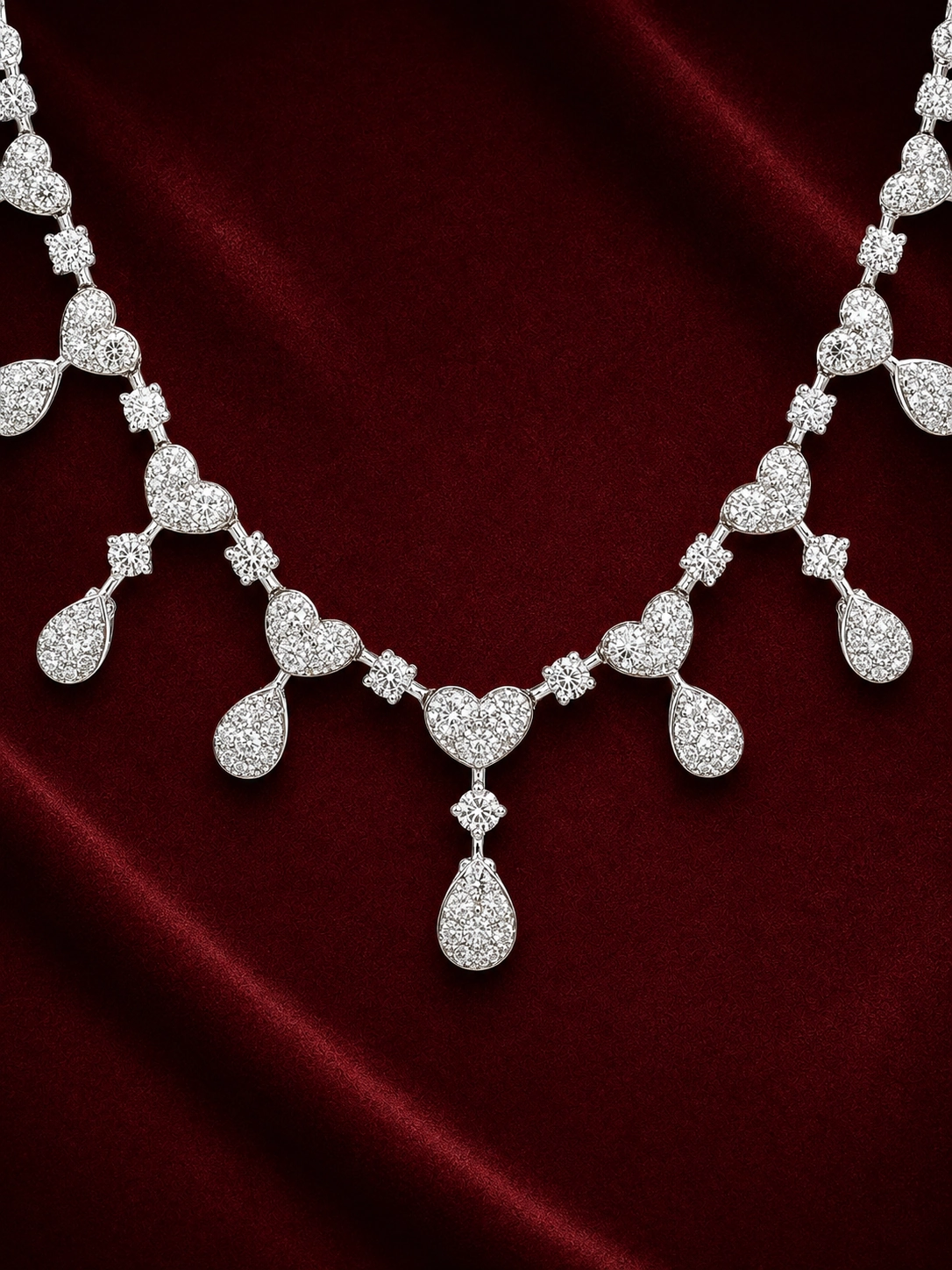 Front-facing ENS4015 heart and pear-shaped diamond necklace on deep burgundy velvet