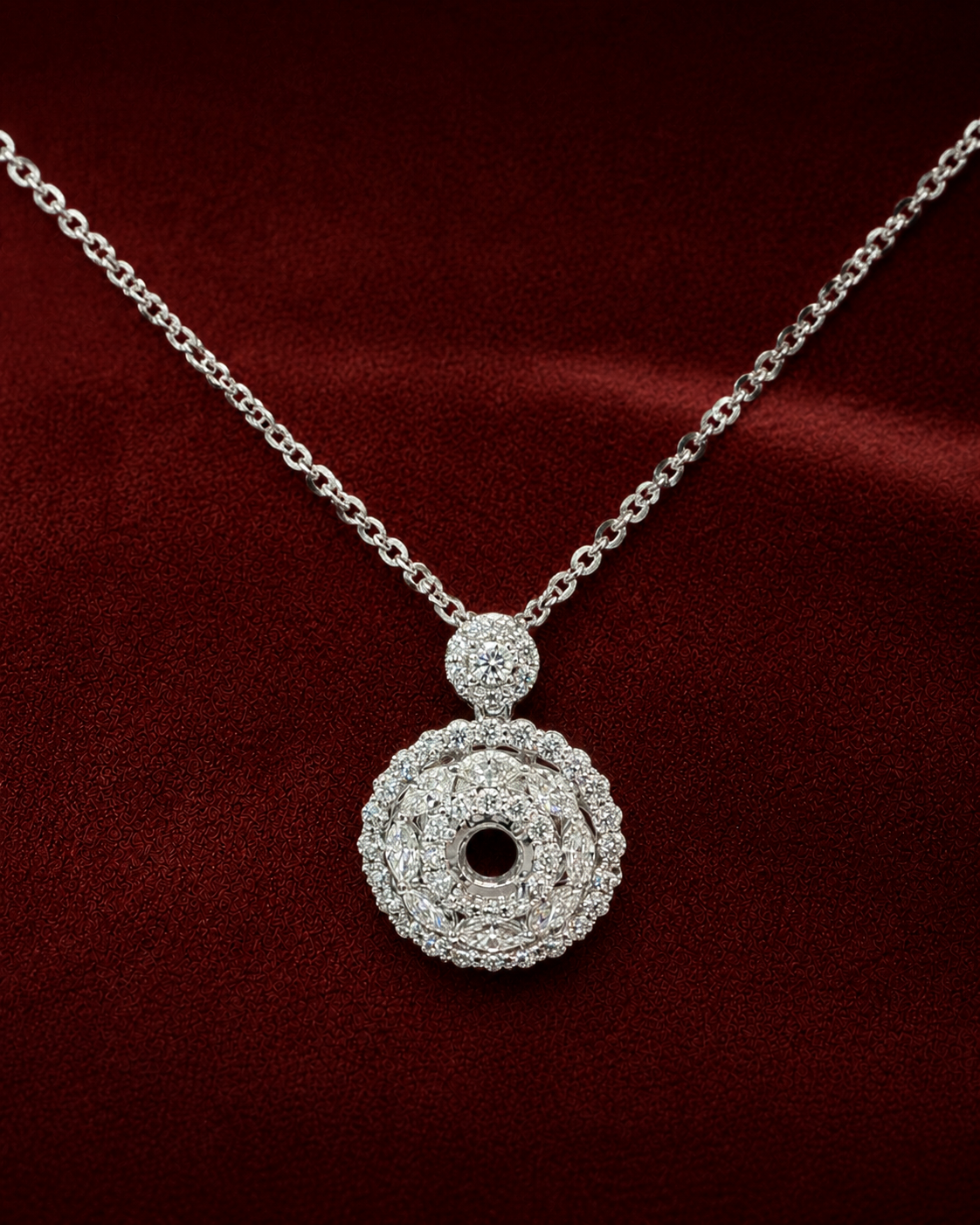 ENS6455 openwork circle diamond pendant necklace on the Scene 1 deep red velvet background