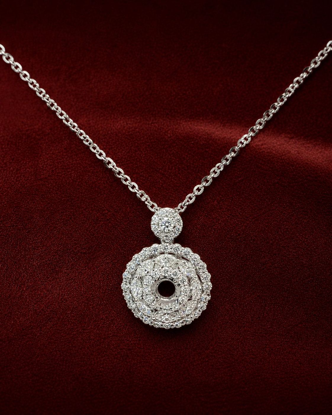 ENS6455 openwork circle diamond pendant necklace on the Scene 1 deep red velvet background