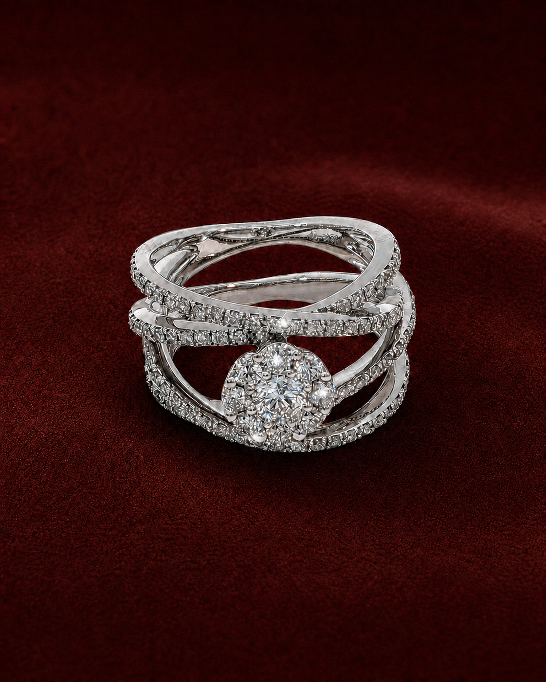 Luminous ERH1023 sculptural openwork diamond ring on smooth deep burgundy velvet