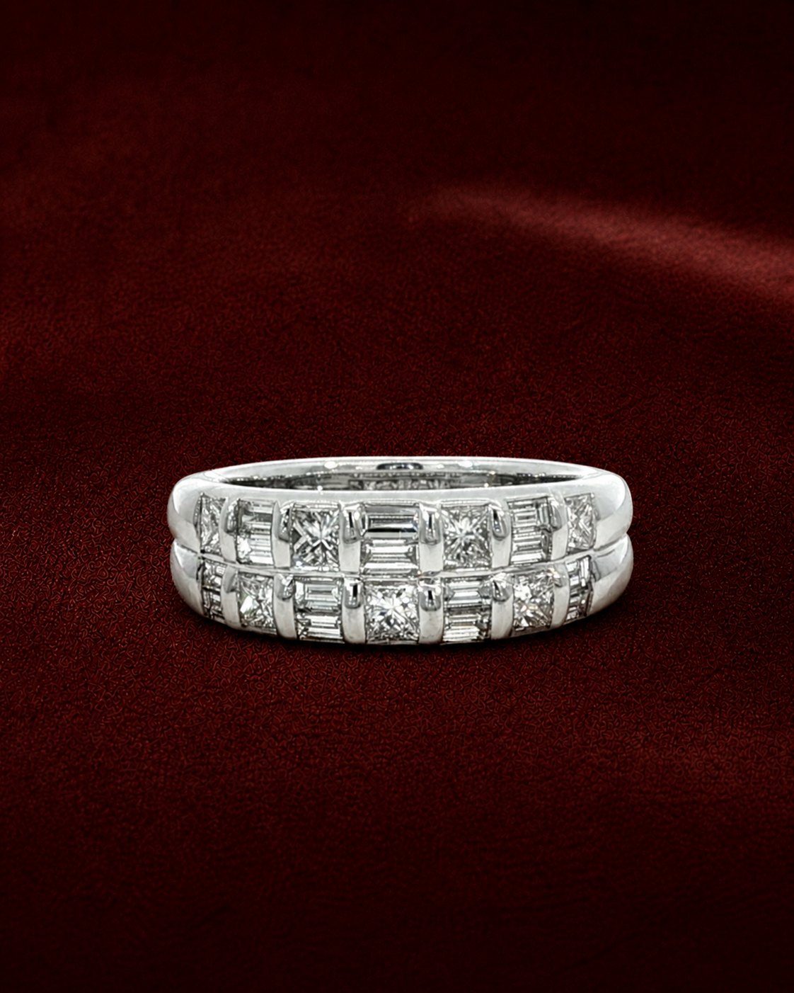 ERM804 twin-row diamond band ring on the Scene 1 deep red velvet background