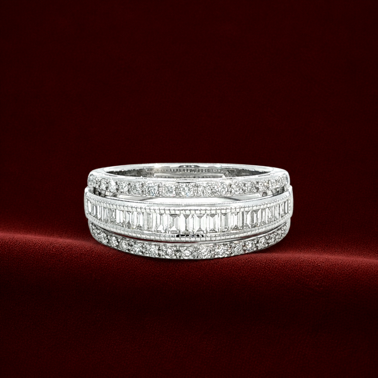 ERS1502 triple-row baguette diamond band ring on deep burgundy velvet