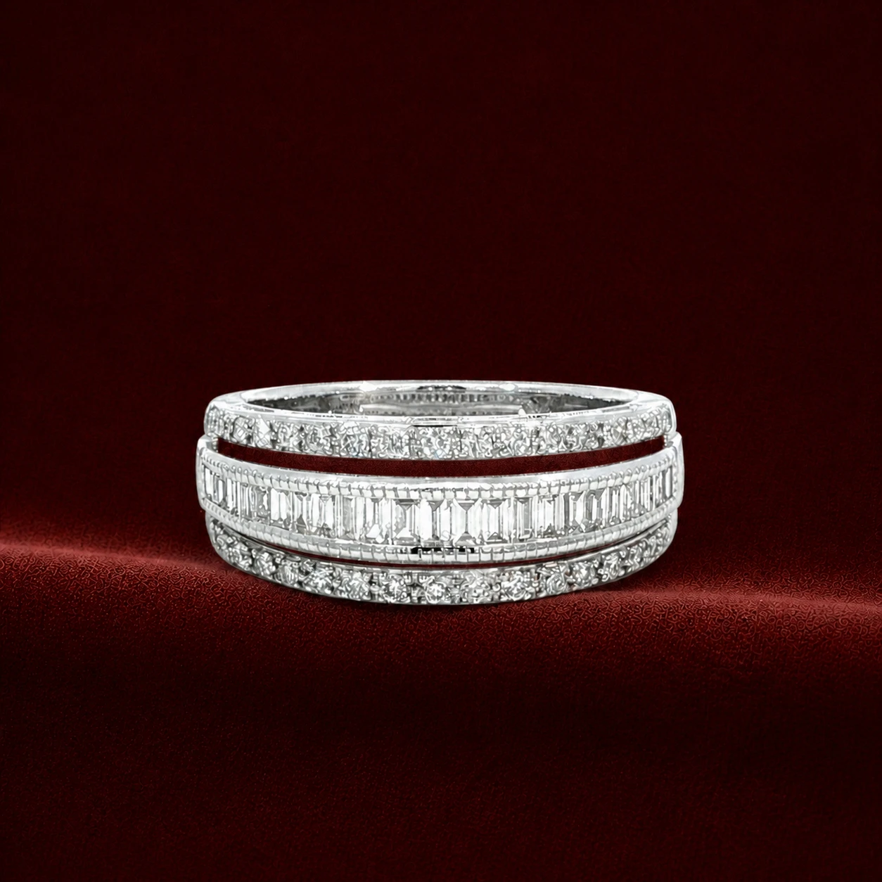 ERS1502 triple-row baguette diamond band ring on deep burgundy velvet