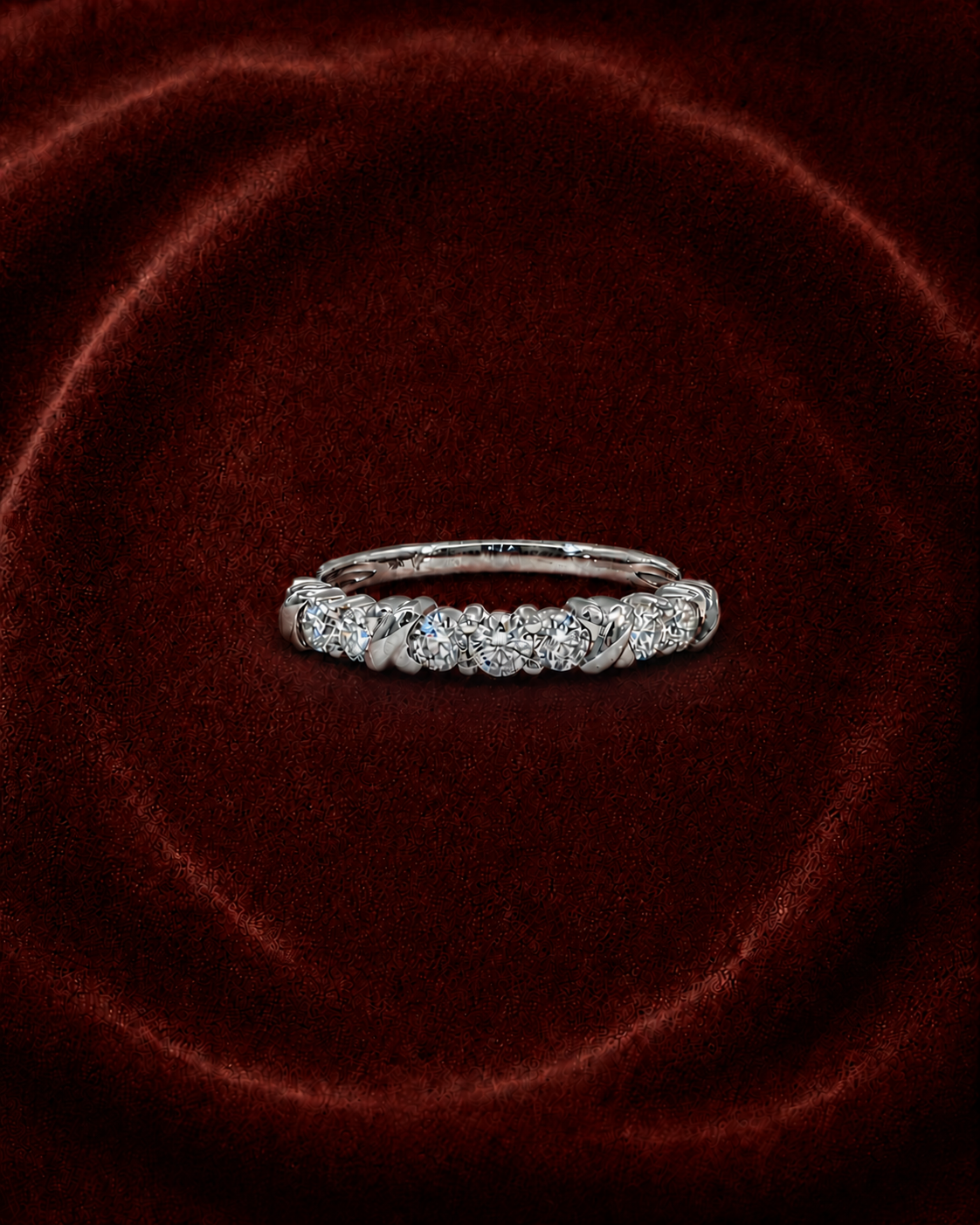 ERS2442 scalloped pavé diamond band ring on deep burgundy velvet