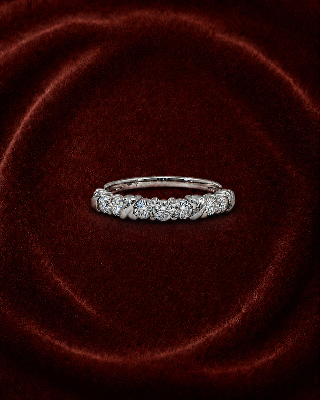 ERS2442 scalloped pavé diamond band ring on deep burgundy velvet