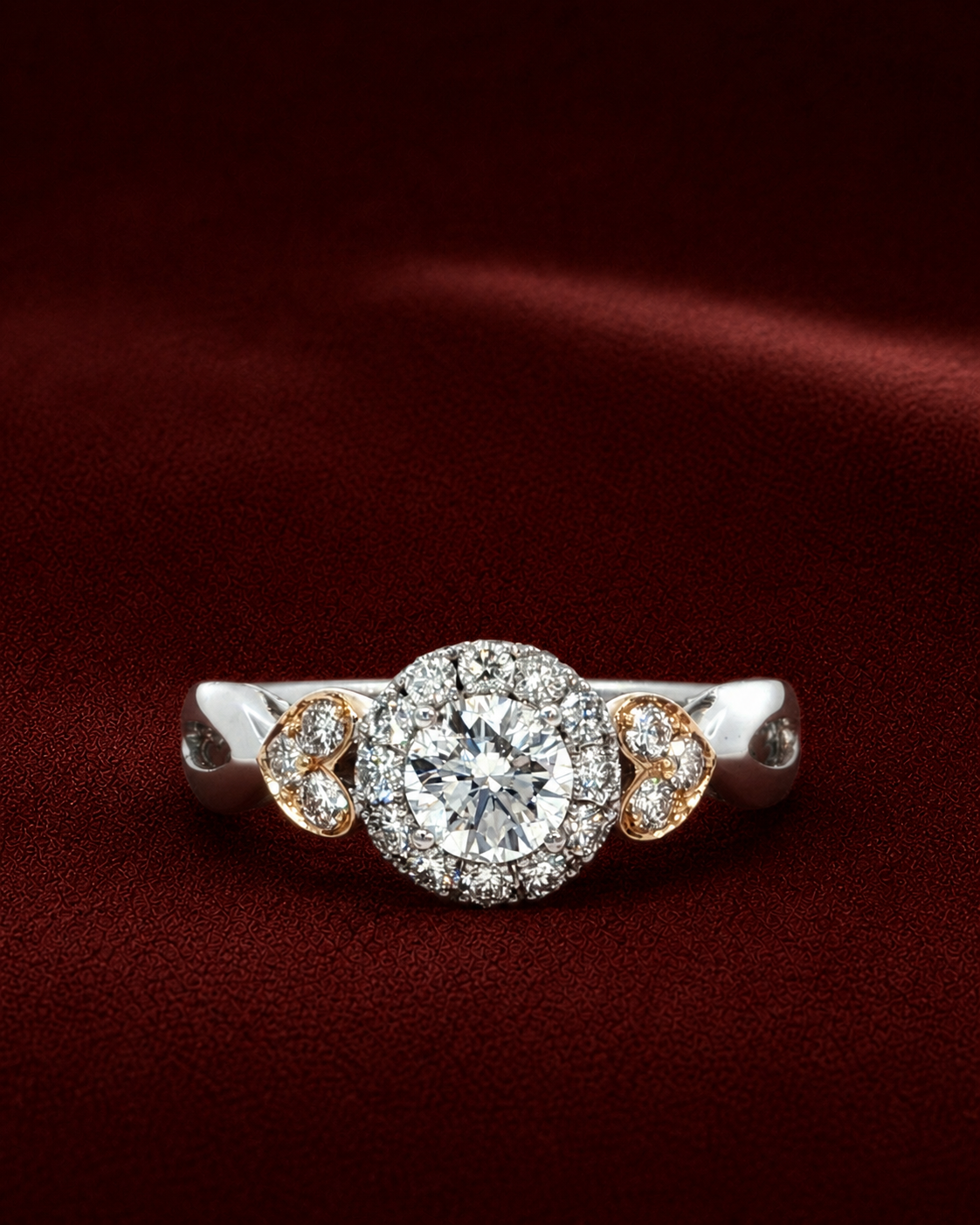 ERS3211 two-tone halo diamond ring on a deep red velvet background