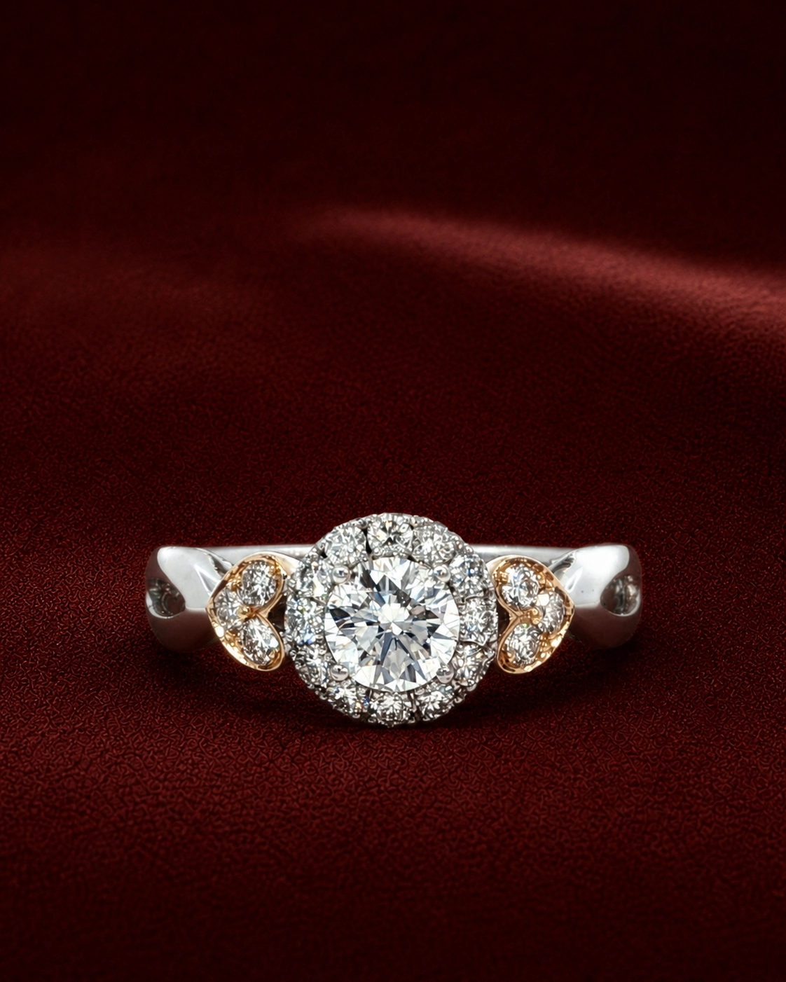 ERS3211 two-tone halo diamond ring on a deep red velvet background