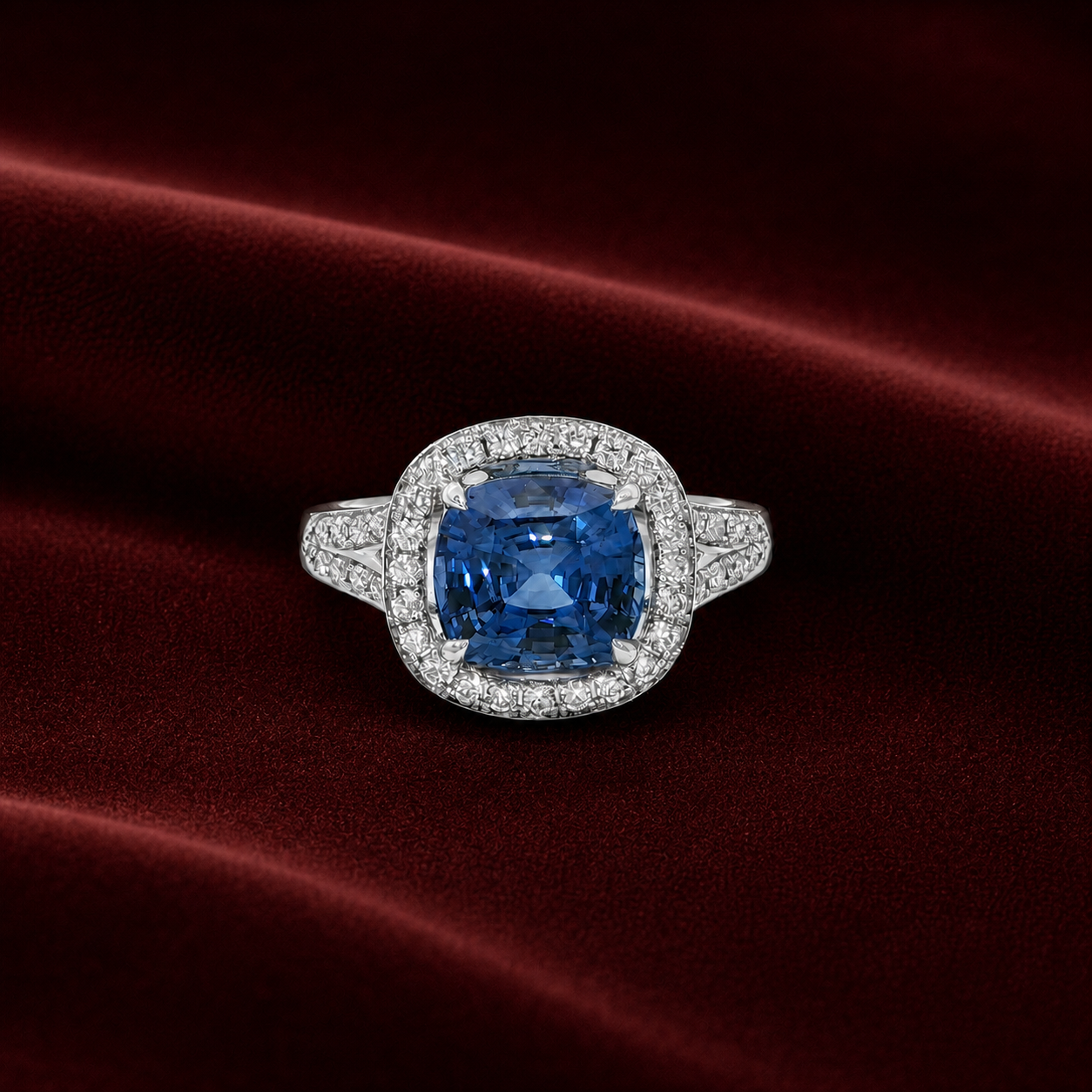 Front-facing ERS5749 blue gemstone halo diamond ring on naturally draped deep burgundy velvet