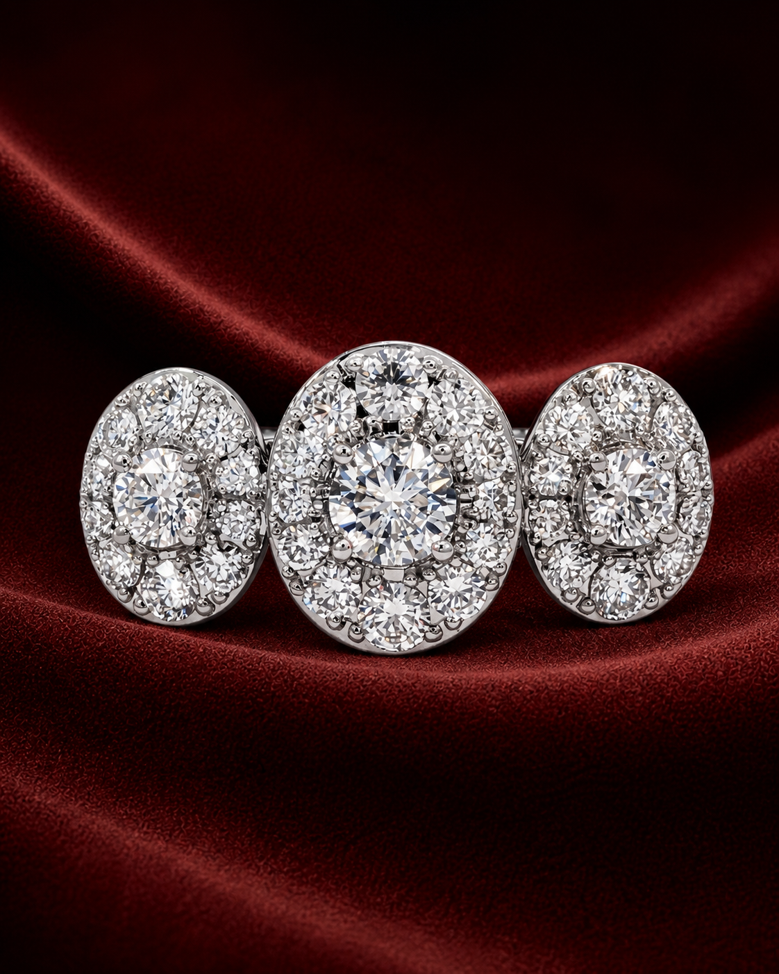 ERS5753 triple oval diamond ring on sweeping deep burgundy velvet