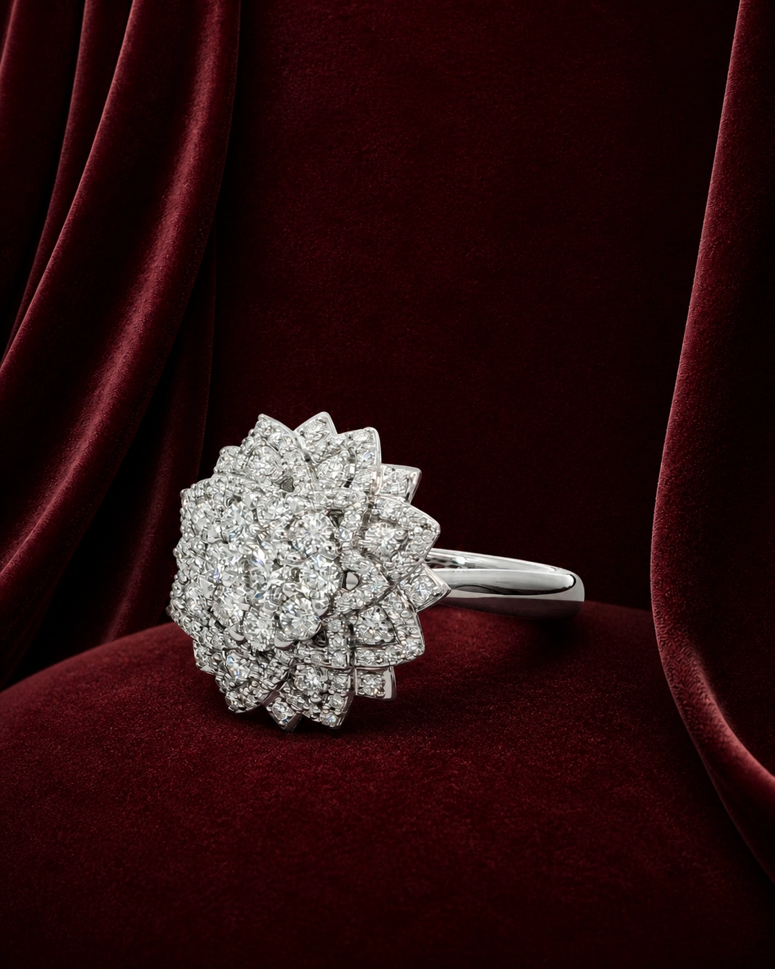 ERS5991 layered floral statement ring on deep burgundy velvet