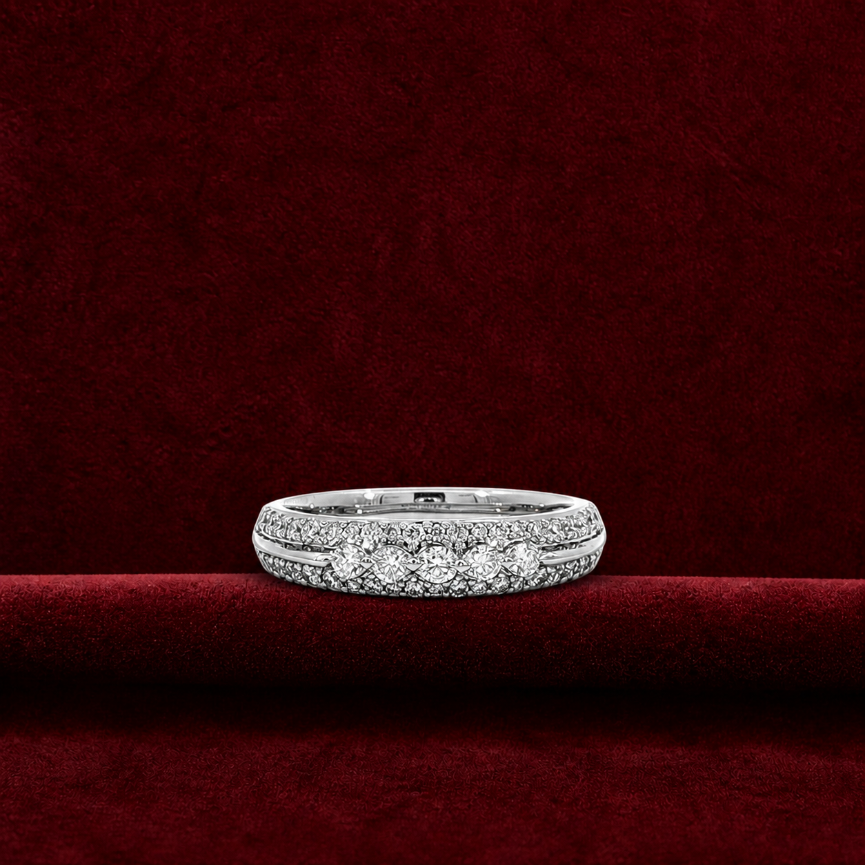 ERS6298 floral pavé diamond band ring on deep burgundy velvet