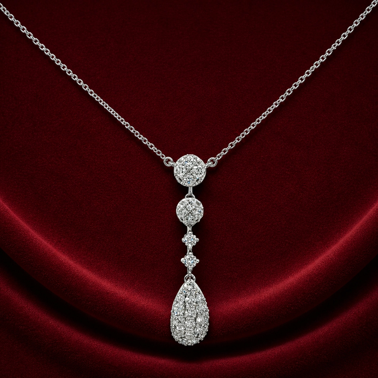FNS1580 cascade teardrop pendant necklace on deep burgundy velvet