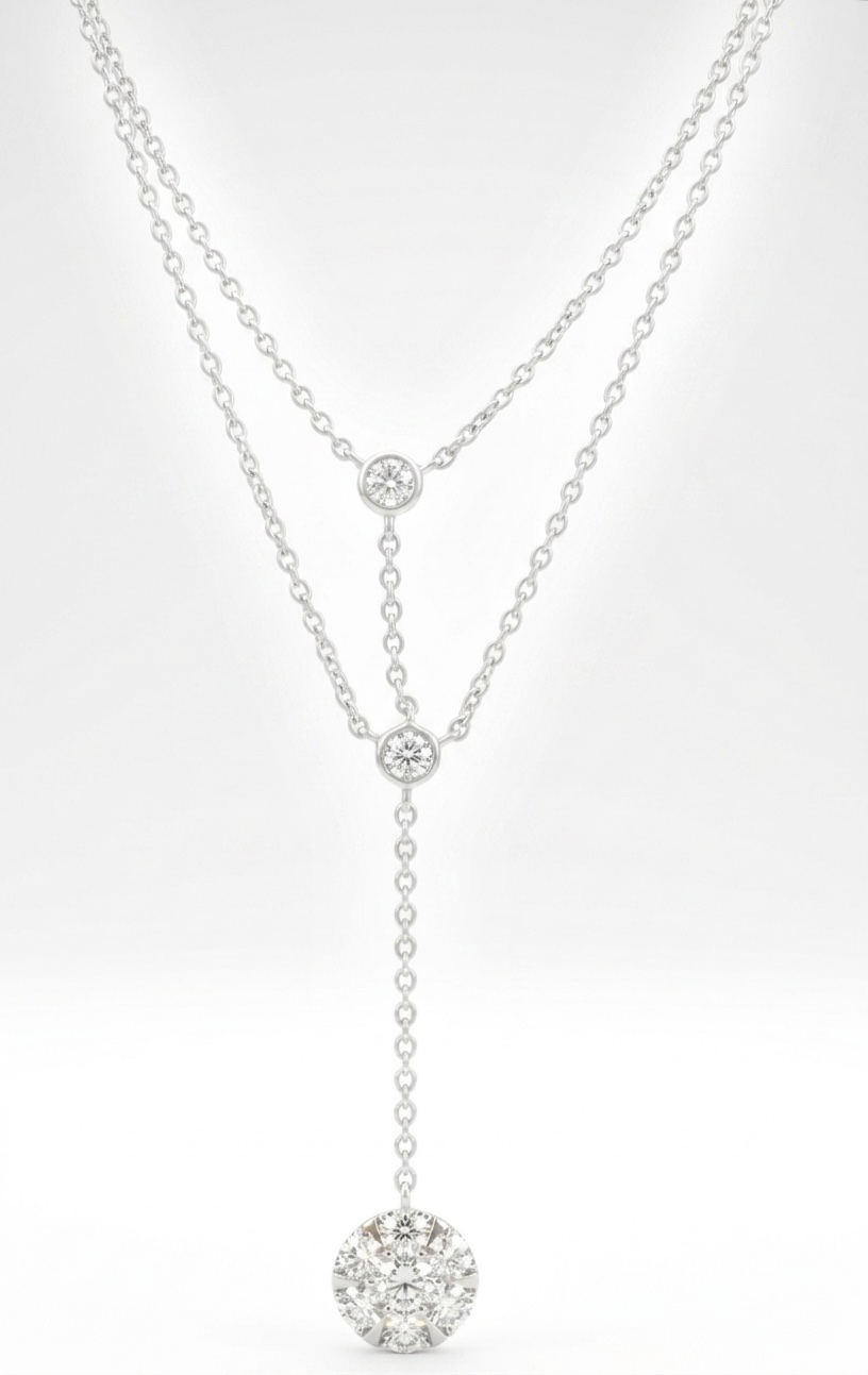 Close-up of a ThienPo layered white gold diamond necklace