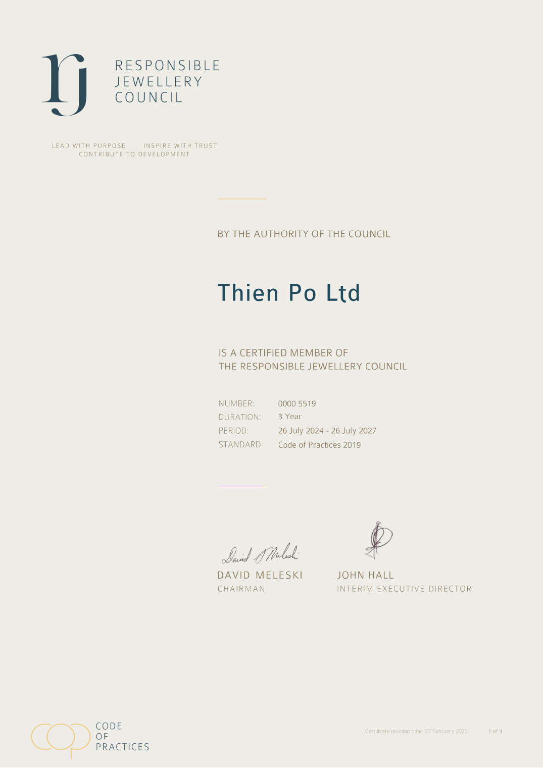 Responsible Jewellery Council certificate issued to Thien Po Ltd.