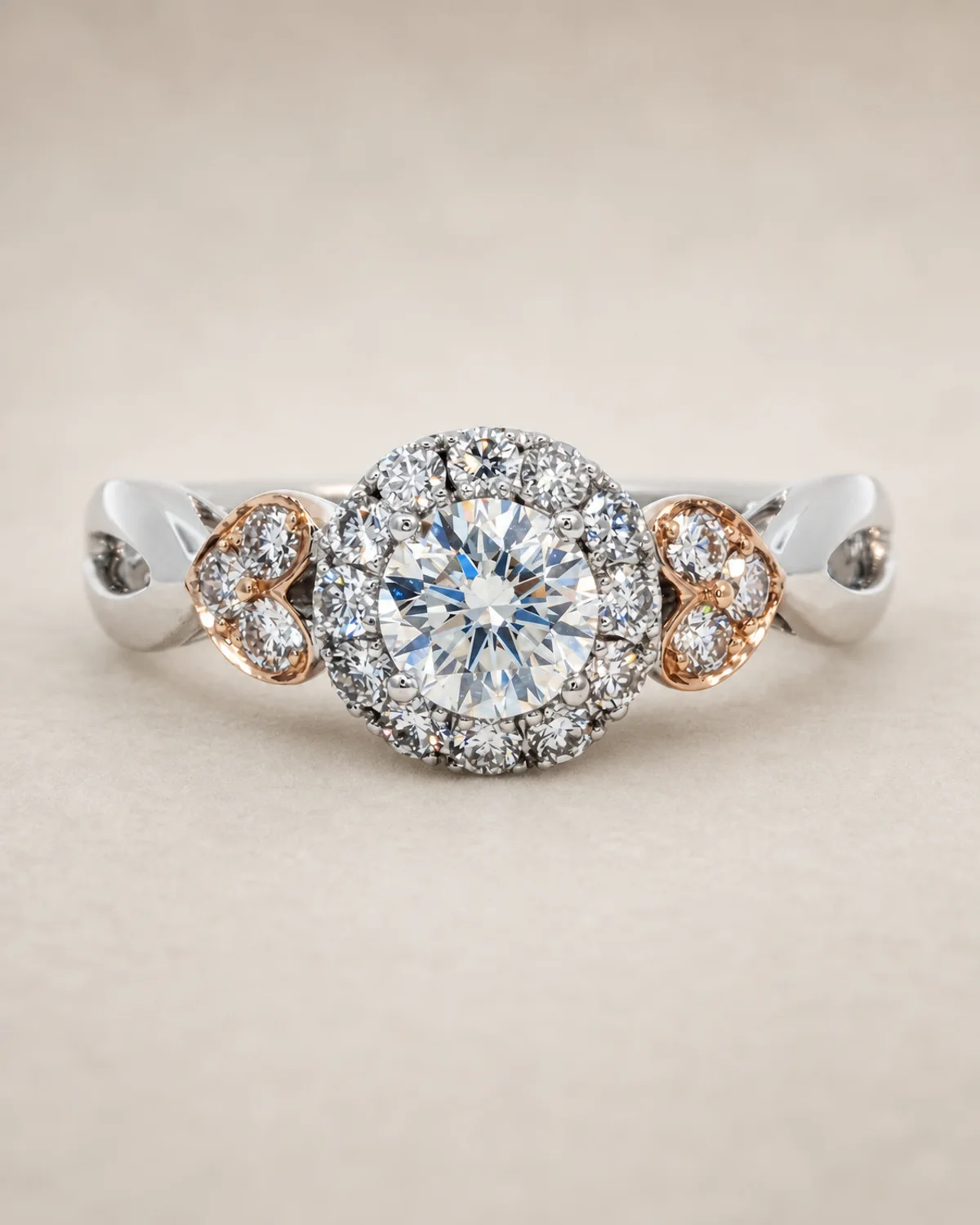 Close-up of a ThienPo white gold and rose gold diamond ring